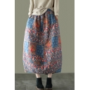 Ethnic Womens Skirt Floral Printed Elastic Waist Quilted Long A-line Skirt