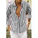 Fashion Mens Shirt Stripe Pattern Long Sleeve Spread Collar Button-up Loose Shirt