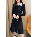 Chic Womens Dress Knit Long Sleeve Lace Spread Collar Pearl Button Short A-line Dress