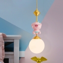 Resin Piglet Ceiling Hang Lamp Cartoon 1 Bulb Gold and Pink Drop Pendant with Ball White Glass Shade