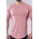 Leisure Tee Top Solid Color Long Sleeve Crew Neck Curved Hem Slim Fit T Shirt for Men