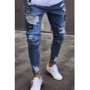 New Stylish Letter Embroidery Patched Vintage Blue Stretch Slim Fit Ripped Jeans for Men