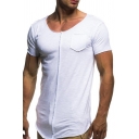 Men New Stylish Frayed Hem Patchwork Simple Plain Round Neck Fitted Hipster T-Shirt