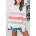Hot Women's Pink Color Block Round Neck Long Sleeve Loose Sweatshirt
