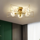 Brass Pentacle Semi Flush Mount Postmodern 5 Bulbs Metal Ceiling Lamp with Ball Clear Glass Shade
