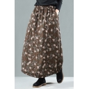 Winter Skirt Quilted Floral Allover Printed Elastic Waist Midi Skirt for Ladies
