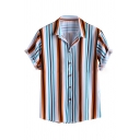 Mens Hot Trendy Rolled Sleeve Striped Printed Button Down Loose Shirt