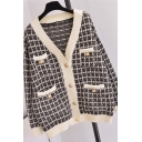 Trendy Women's Cardigan Tartan Print Ribbed Trim Button Closure Front Pocket Long Sleeves Relaxed Fit Cardigan