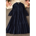Unique Women's Swing Dress Solid Color Tiered Button Closure Stand Collar Long Swing Dress