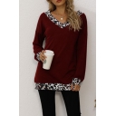Leisure Women's Tee Top Contrast Trim Leopard Print V Neck Long Puff Sleeves V Neck Regular Fitted T-Shirt