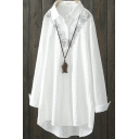Casual White Shirt Heart Embroidery Long Sleeve Spread Collar Button Up Longline Loose Shirt for Ladies