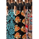 Leisure Womens Dress Flower Geo Print Short Sleeve Crew Neck Maxi A-line Tee Dress