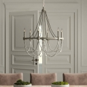 Candle Dining Room Chandelier French Country Metal Grey Hanging Lamp with Bead Deco