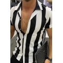 Simple Mens Shirt Stripe Print Short Sleeve Notched Collar Button Up Fitted Shirt