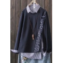 Womens Fashion Sweatshirt False Two Piece Stripe Print Embroidered Long Sleeve Asymmetric Sweatshirt