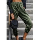 Leisure Women's Pants Solid Color Drawstring Elastic Waist Banded Cuffs Ankle Length Pants