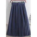 Fancy Women's Skirt Solid Color Pleated Detail Buckle Belt Elastic Waist Midi A-Line Skirt