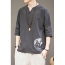 Fashionable Men's T-Shirt Crane Embroidered Horn Button Half Sleeve Regular Fitted Tee Top