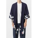 Fancy Men's Kimono Coat Crane Pattern Open Front Contrast Panel Half Sleeves Relaxed Fit Kimono Coat