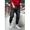 Men's New Stylish Letter Patch Drawstring Waist Elastic Cuffs Loose Fit Casual Jeans