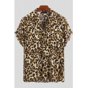 Mens Hot Fashion Sexy Leopard Print Short Sleeve Lapel Collar Button-Up Brown Shirt