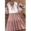 Girls Pretty Pink Dress Ditsy Floral Long Sleeve Bow-tied Neck Ruffled Midi A-line Dress with Vest