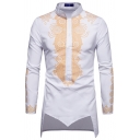 Mens Middle East Shirt Hot Stamping Patterned Long Sleeve Stand Collar Button Up Irregular Hem Tunic Shirt Top