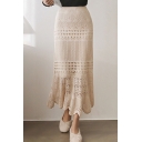 Elegant Ladies Skirt Solid Color Elastic Waist Crochet Hollow Out Mid Pleated A-line Skirt