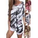 Fancy Women's Tee Top Marble Print Round Neck Short Sleeves Regular Fitted T-Shirt