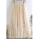 Elegant Women's Skirt Broderie Detail Lace Patchwork Mesh Gauze Elastic Waist Fully Lined Midi A-Line Dress