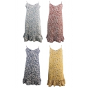 Pretty Ladies Dress Ditsy Floral Print Spaghetti Straps V-neck Ruffled Short A-line Cami Dress