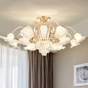 Frost Glass Bell Flower Chandelier Traditional Bedroom Pendant Ceiling Light with Clear Crystal Prisms