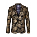 Mens Popular Black and Gold Floral Print Long Sleeve Double Button Vintage Tuxedo Blazer