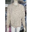 White Fancy Long Sleeve Crew Neck Purl Knit Relaxed Fit Pullover Confetti Sweater Top for Girls