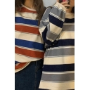 Stylish Women's Tee Top Color Stripe Pattern Crew Neck Long Sleeve Relaxed Fit T-Shirt