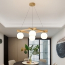 Opaque Glass Dome Pendant Light Kit Nordic 4 Heads Chandelier with Wooden Frame Top