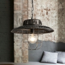 Iron Cap Shaped Hanging Lamp Steampunk 1 Bulb Bistro Pendant with Cage in Distressed Black