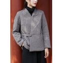 Simple Womens Coat Quilted Long Sleeve Surplice Neck Tied Waist Plain Relaxed Fit Coat