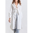 Womens Fashion Dress White Long Sleeve Spread Collar Tied Front High Slit Front Mid A-line Shirt Dress