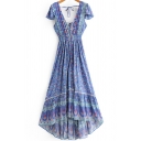 Trendy Womens Dress All Over Flower Print Short Sleeve Deep V-neck Ruffled Mid Pleated A-line Dress in Blue