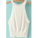 Chic Womens Tank Ribbed Crew Neck Solid Color Slim Fitted Crop Tank Top