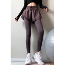 Gym Womens Pants Plain Side Split False Two Pieces Quick Dry Drawstring Waist Skinny Fit 7/8 Length Yoga Leggings
