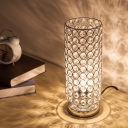 Chrome Finish Cylindrical Table Light Modern 1-Bulb Metal Nightstand Lamp with Crystal Beads