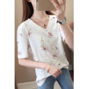 Unique Women's Tee Top Floral Print V Neck Short Sleeve Regular Fitted T-Shirt