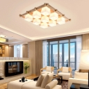 Living Room Flush Ceiling Light Modern Wood Flush Mount with Trapezoid Cream Glass Shade