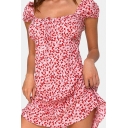 Girls Cute Dress Ditsy Floral Printed Short Sleeve Square Neck Tied Front Short A-line Dress