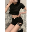 Fashion Womens Shorts Solid Color Cut-out Grommets Strap Zip Placket High Waist Slim Fitted Short Black Relaxed Shorts
