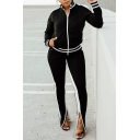 Womens Active Set Contrasted Long Sleeve Cold Shoulder Zipper Front Relaxed Jacket & Pants Set