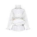 White Stylish Shirt Patchwork Long Sleeve Stand Collar Button Up Regular Fit Shirt Top for Girls