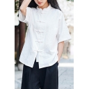 Retro Womens Shirt Plain Short Sleeve Mandarin Collar Frog Button Relaxed Fit Shirt Top